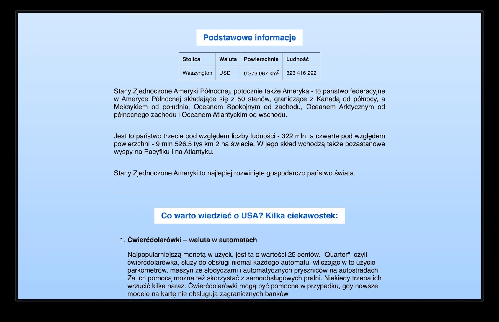 Strona internetowa opisująca USA
